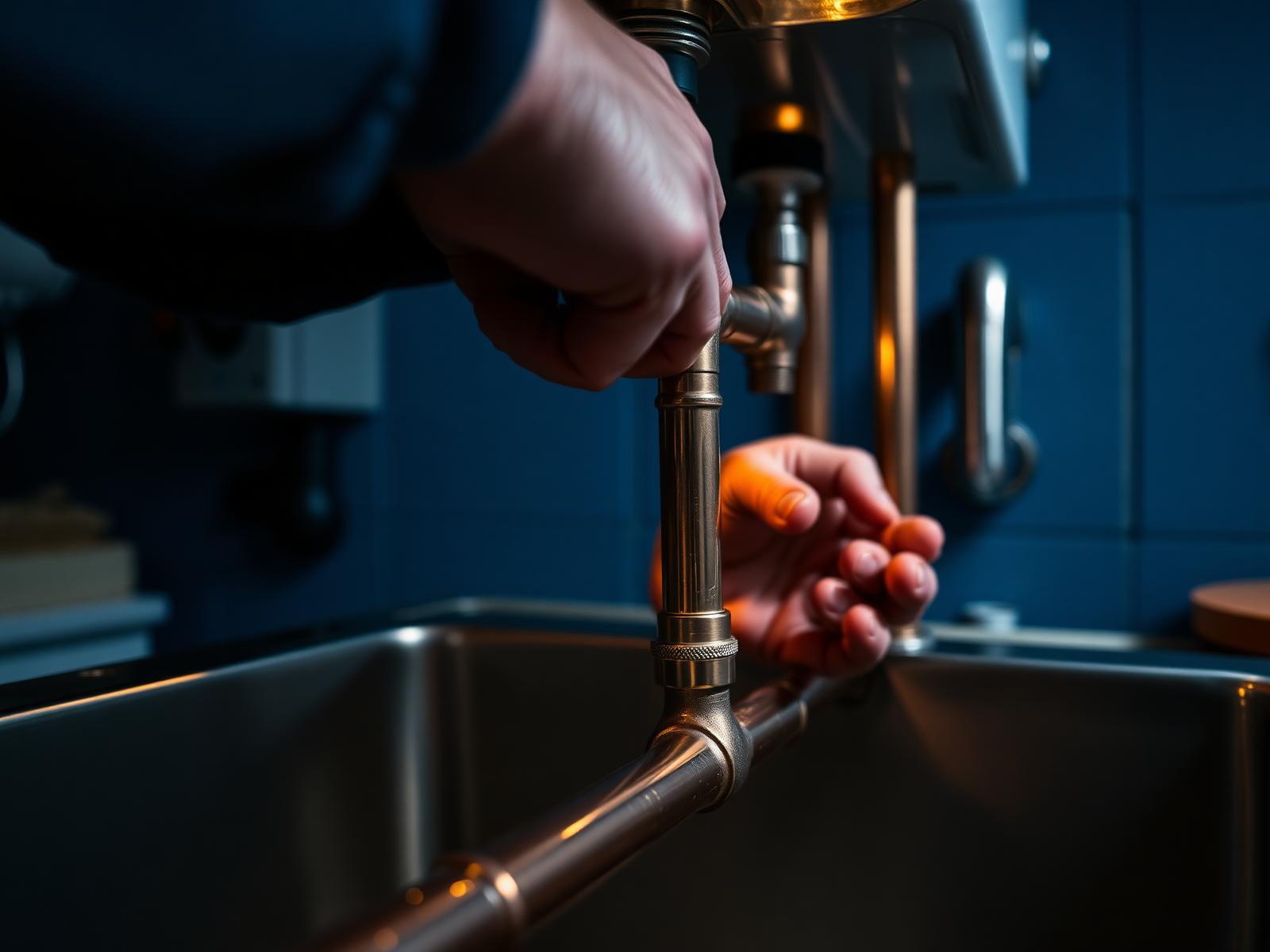 Plumber hands tightening a copper pipe under a sink